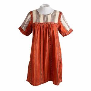 Kopal Anthropologie Cotton Dress Orange Boho Stripe Short Sleeve Size S